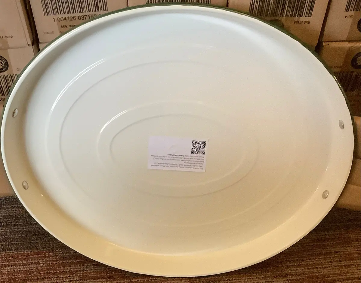Enamel-Coated Metal Oval Serving Tray Cream/Green 1