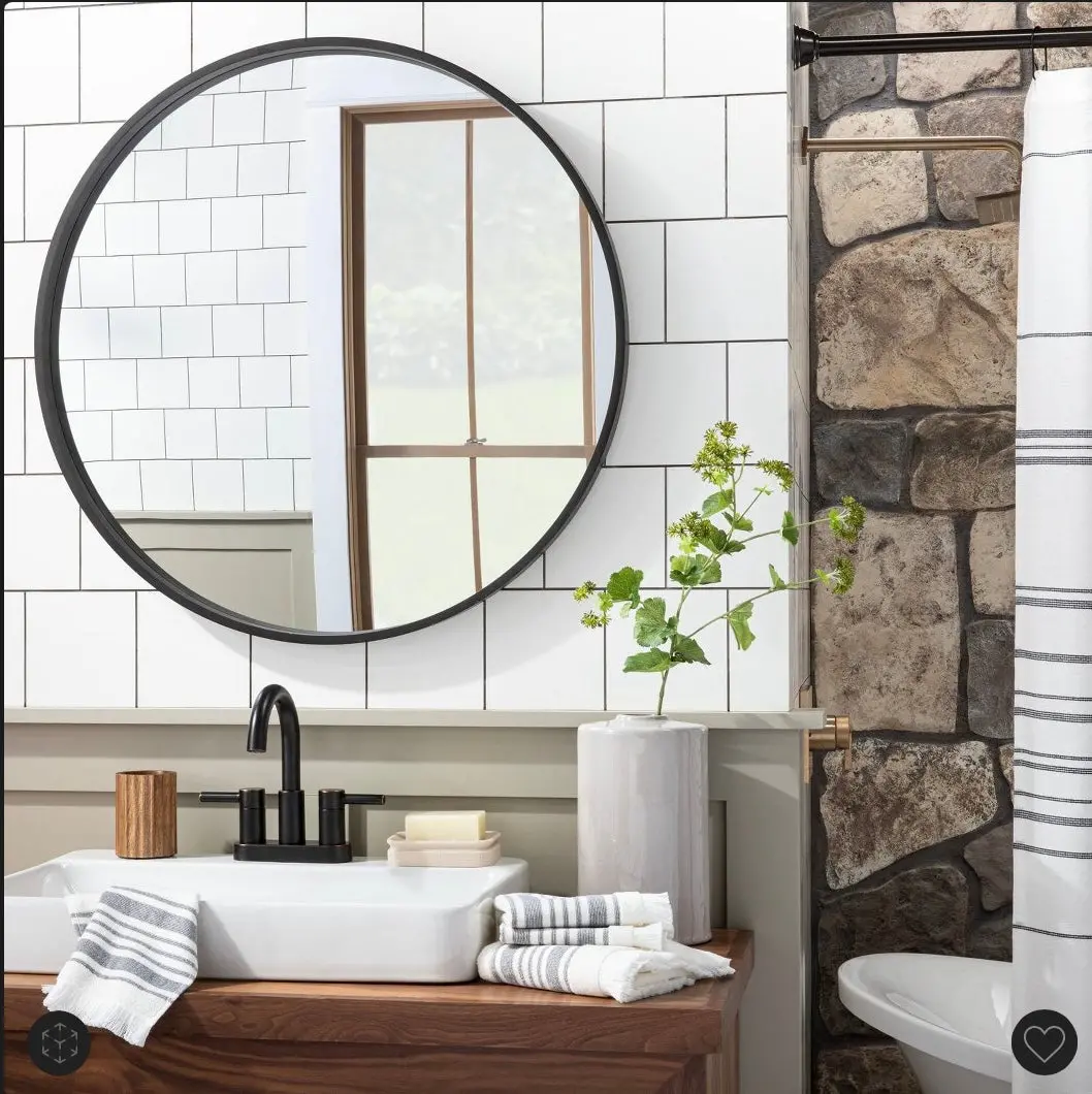 30" Round Wood Framed Wall Mirror Black/Brown 1