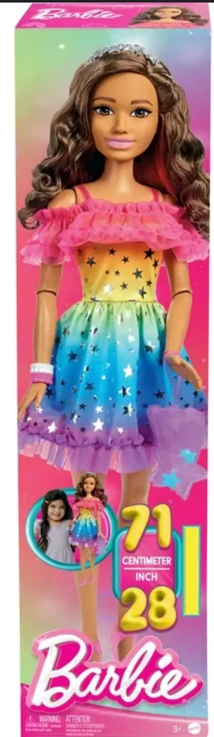 Large Barbie Doll, 28 Inches Tall, Brown Hair And Rainbow Dress 1