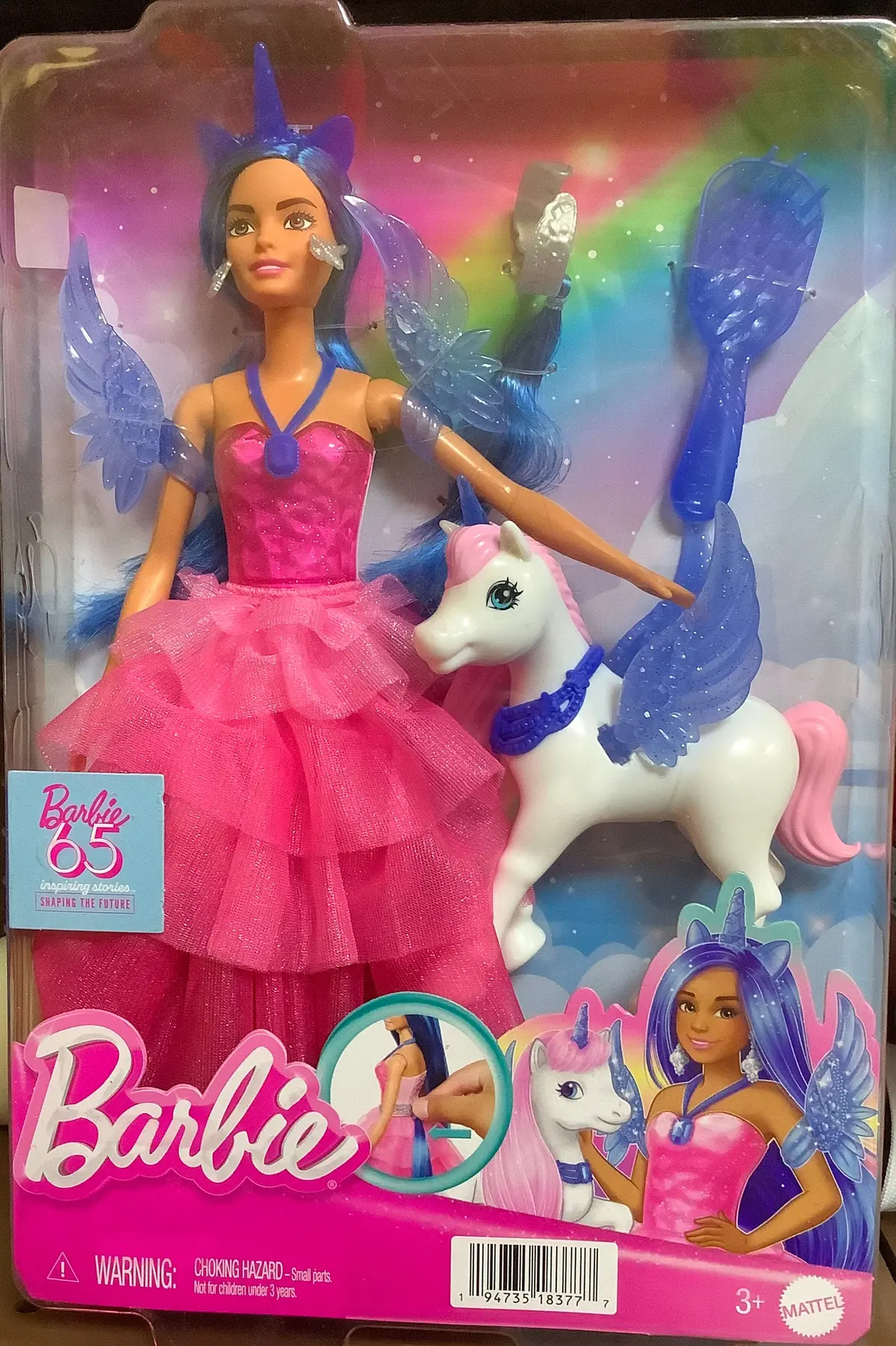 Barbie Unicorn Toy, 65Th Anniversary Doll With Blue Hair, Pink Gown & Pet Alicorn 1