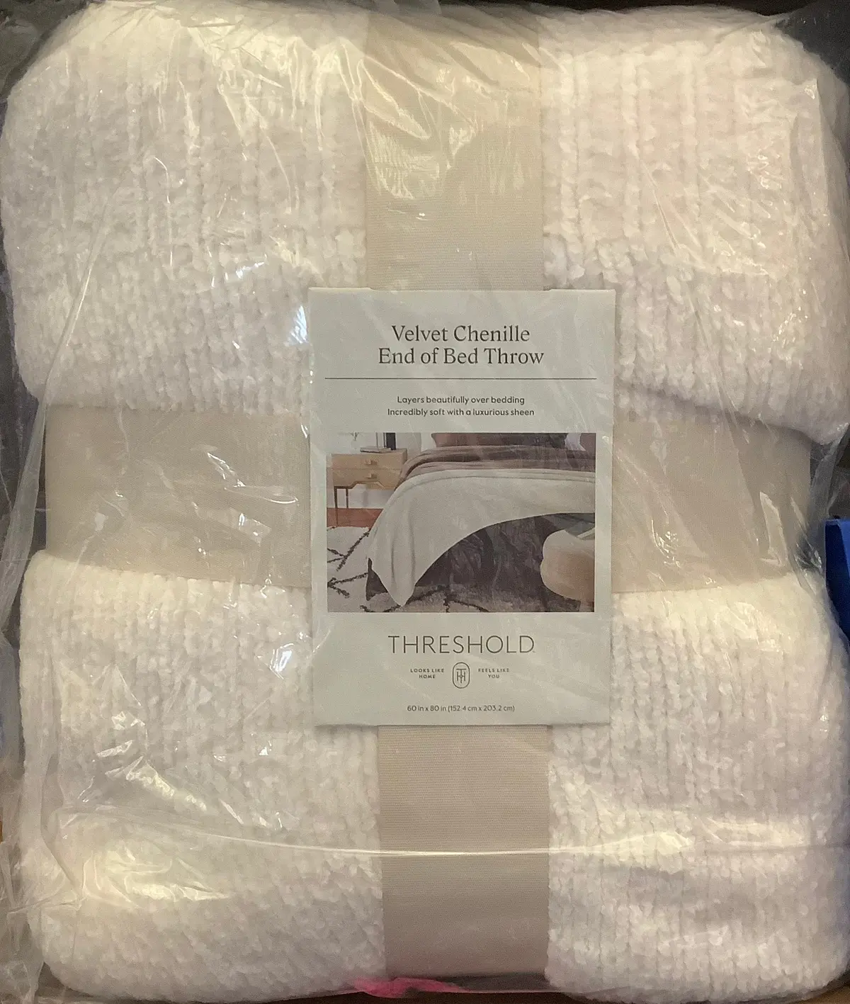 60X80 Velvet Chenille Bed Throw Ivory 1