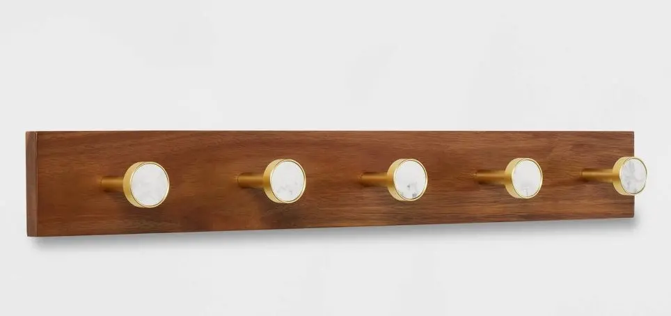 Metal And Faux Marble 5 Gold Hooks Rail On Acacia Wood 1