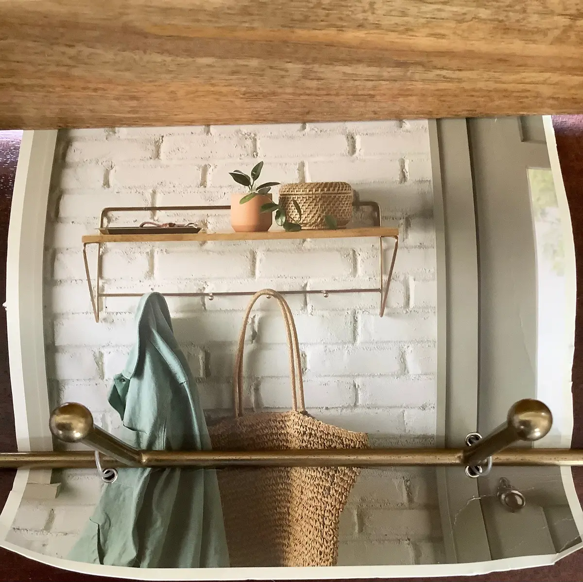 24" Wood & Brass Wall Shelf With Hooks 1