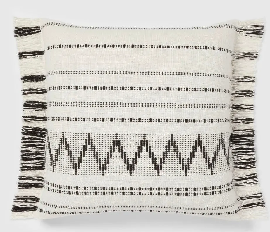 Euro Woven Stripe With Fringe Decorative Throw Pillow Off-White/Black 1