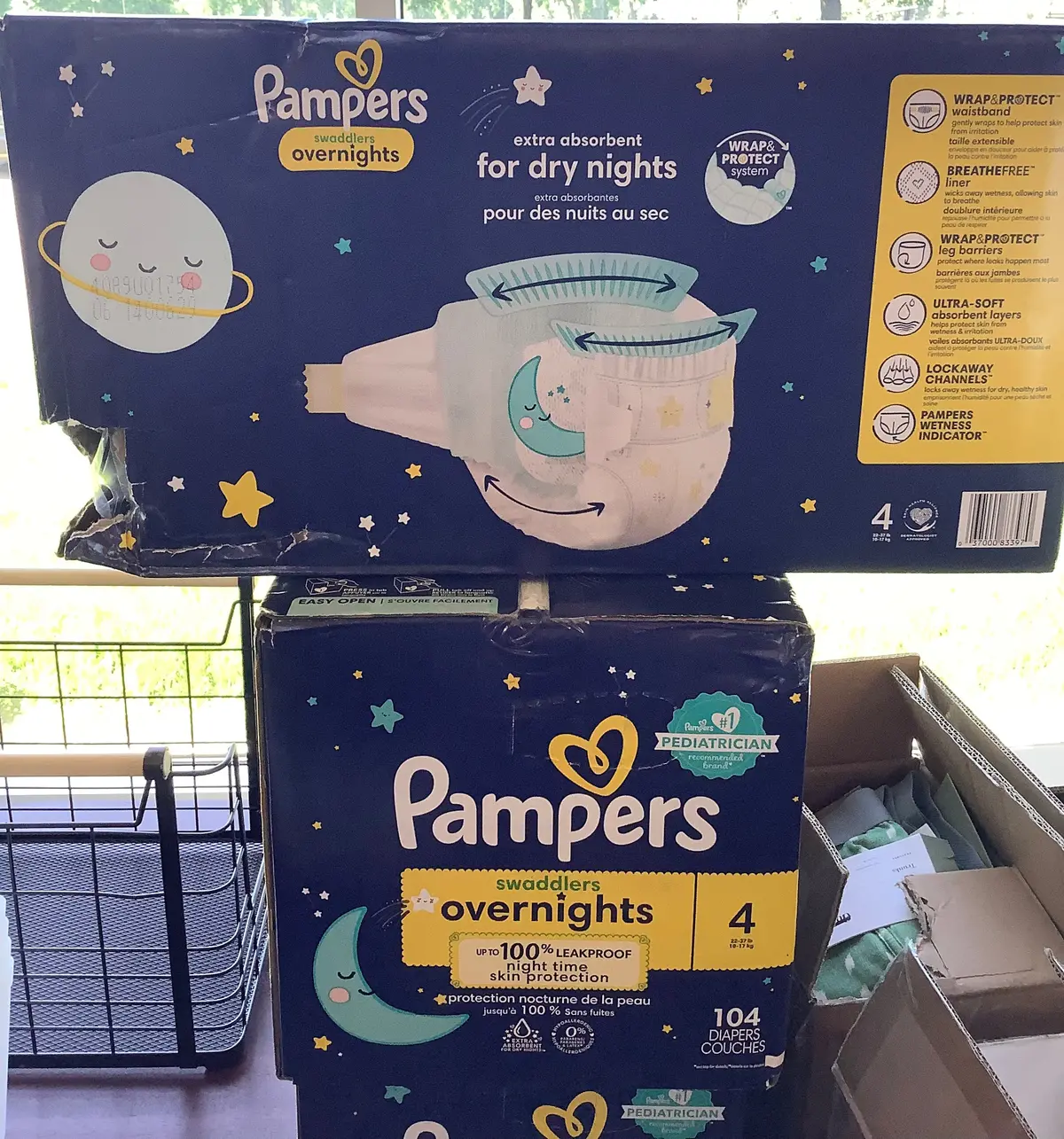 Damaged Boxes See Picture. Pampers Swaddlers Overnights Diapers Enormous Pack - Size 4 - 104Ct 1