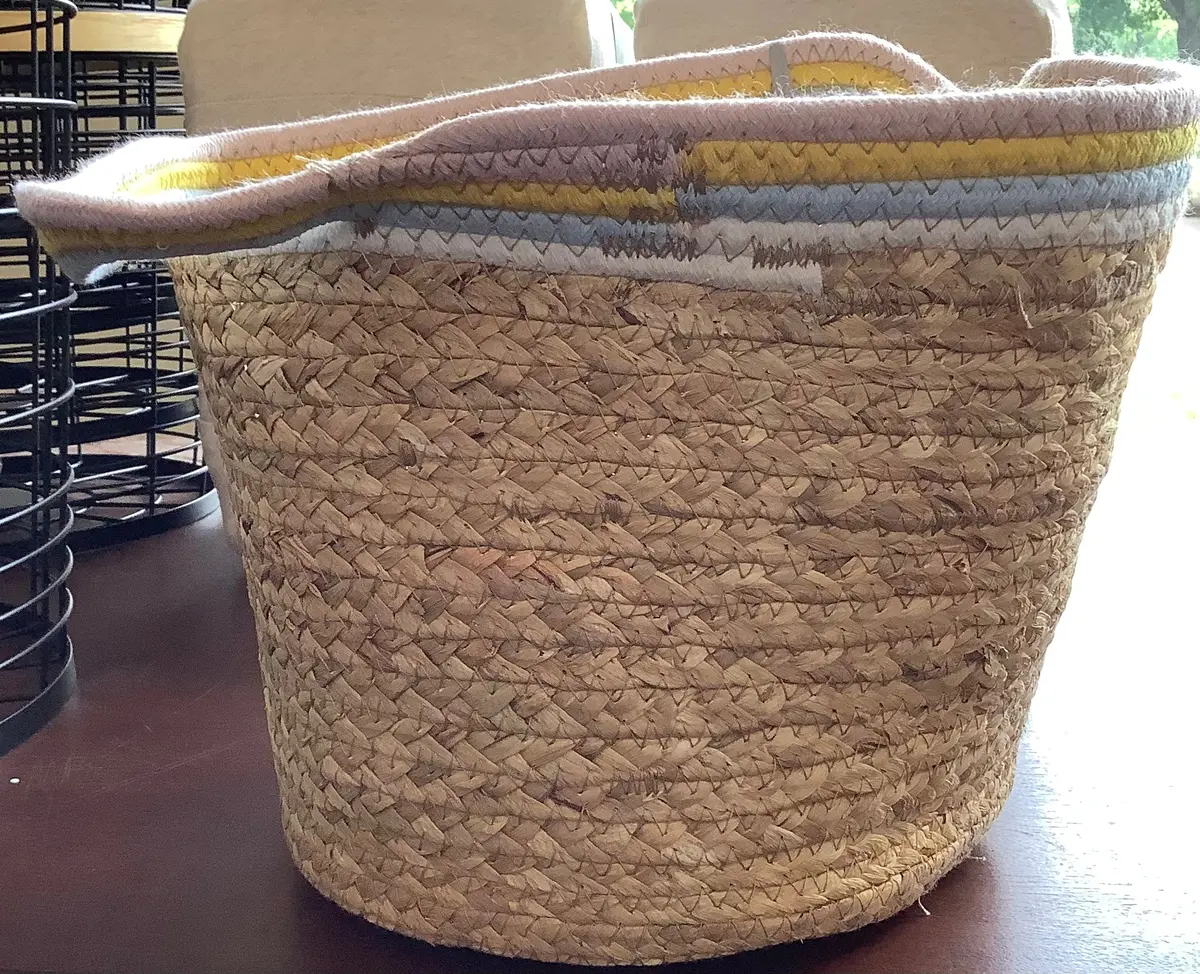 Natural Woven Round Storage Bin With Coiled Rope Handle 1