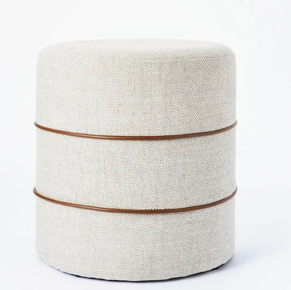 Catalina Round Ottoman Cream With Leather Piping 1