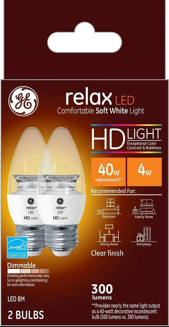 Ge 2Pk 4W 40W Equivalent Relax Led Hd Light Bulbs
Soft White 1