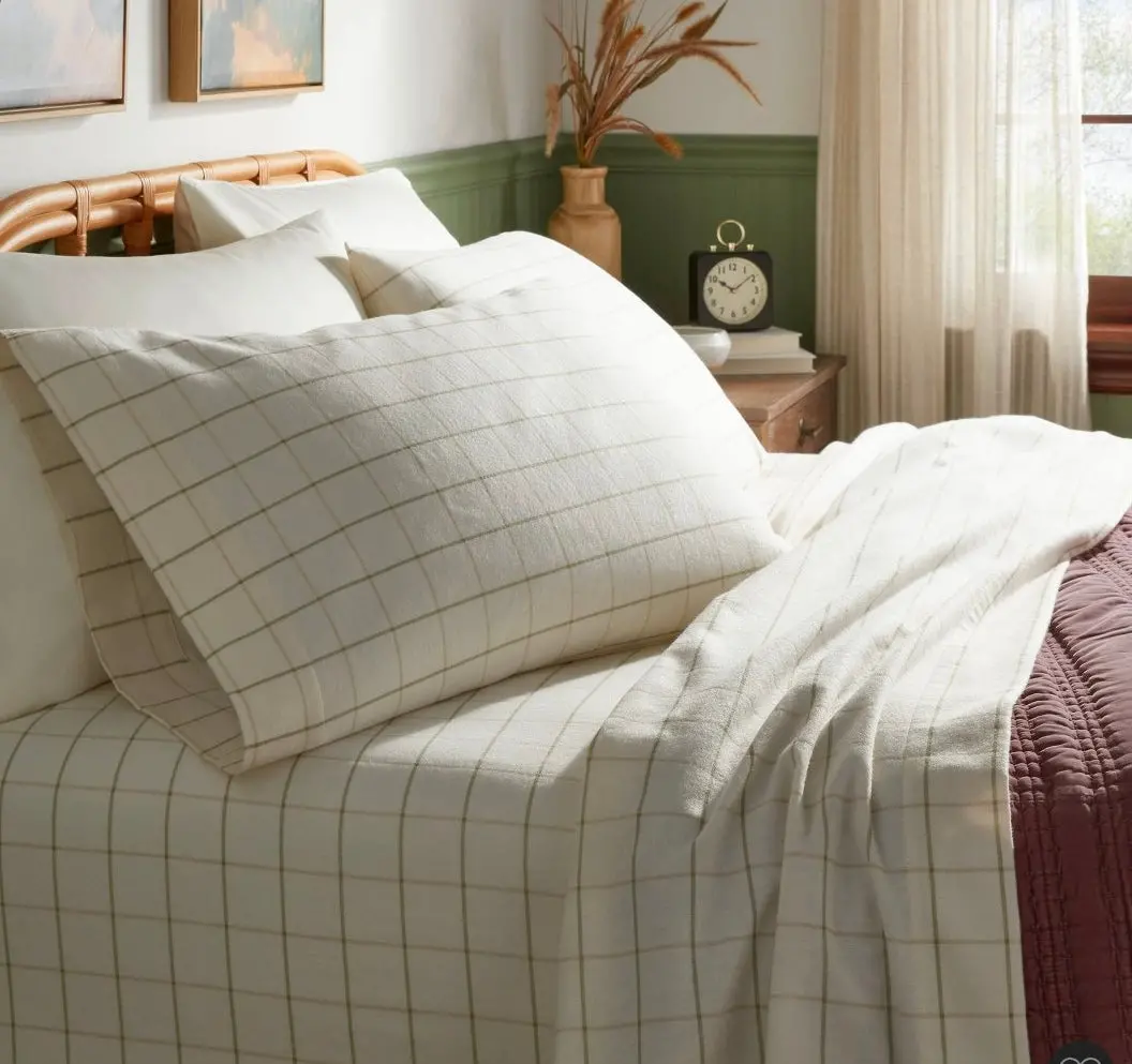 Twin Flannel Sheet Set Ivory Windowpane 1
