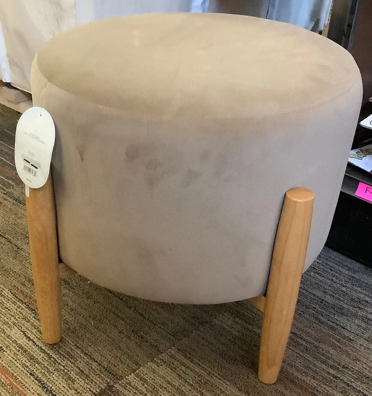 Elroy Round Velvet Ottoman With Wooden Legs Light Brown 1