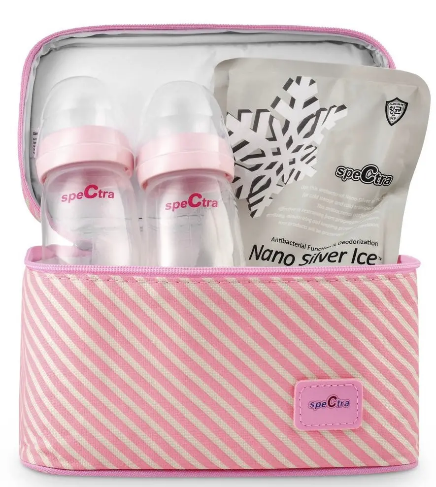 Spectra Pink Cooler With Ice Pack And Breast Milk Bottles Kit 1