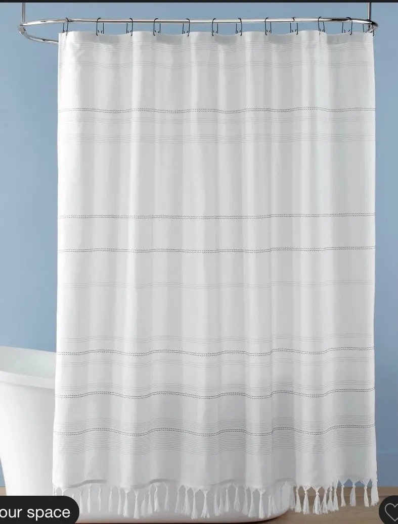 Woven Stripe Tassel Shower Curtain White/Dark Gray 1