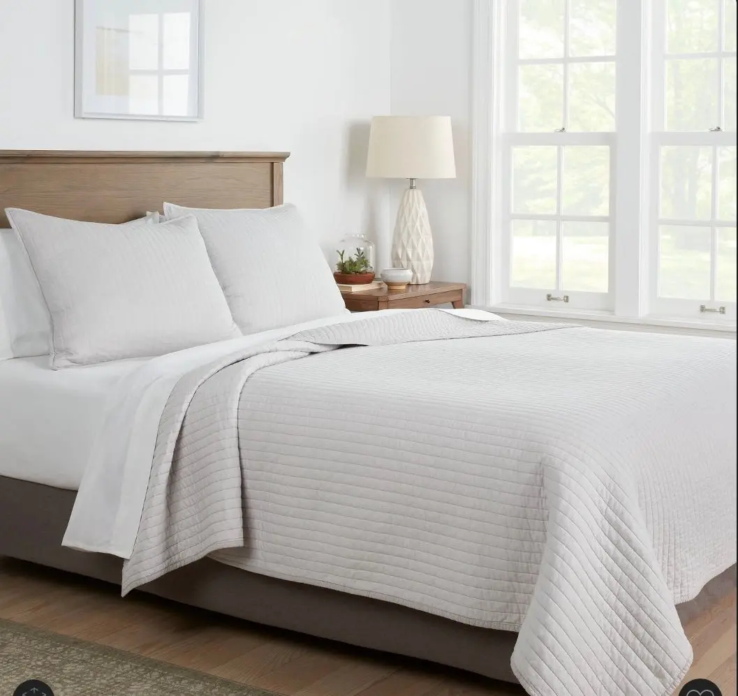 Full/Queen Washed Cotton Sateen Quilt Light Gray 1