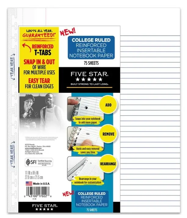 Five Star Reinforced Insertable Notebook Paper, College Ruled, 11 1/2"
× 8", 75 Sheets / Packs 1
