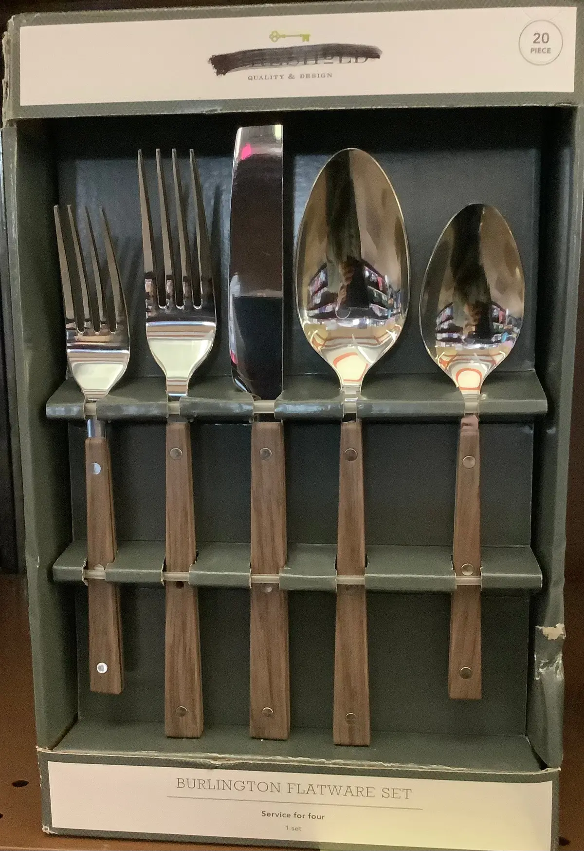 20Pc Stainless Steel Burlington Silverware Set Faux Wood 1
