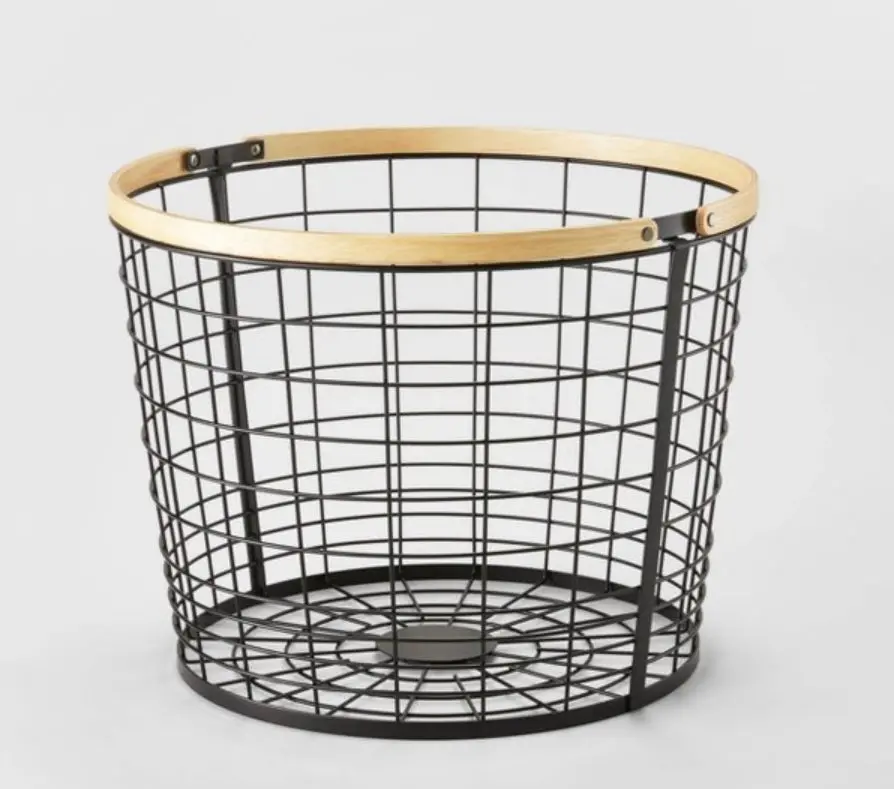 Large Round Black Wire With Natural Wood Handles Floor Basket 1