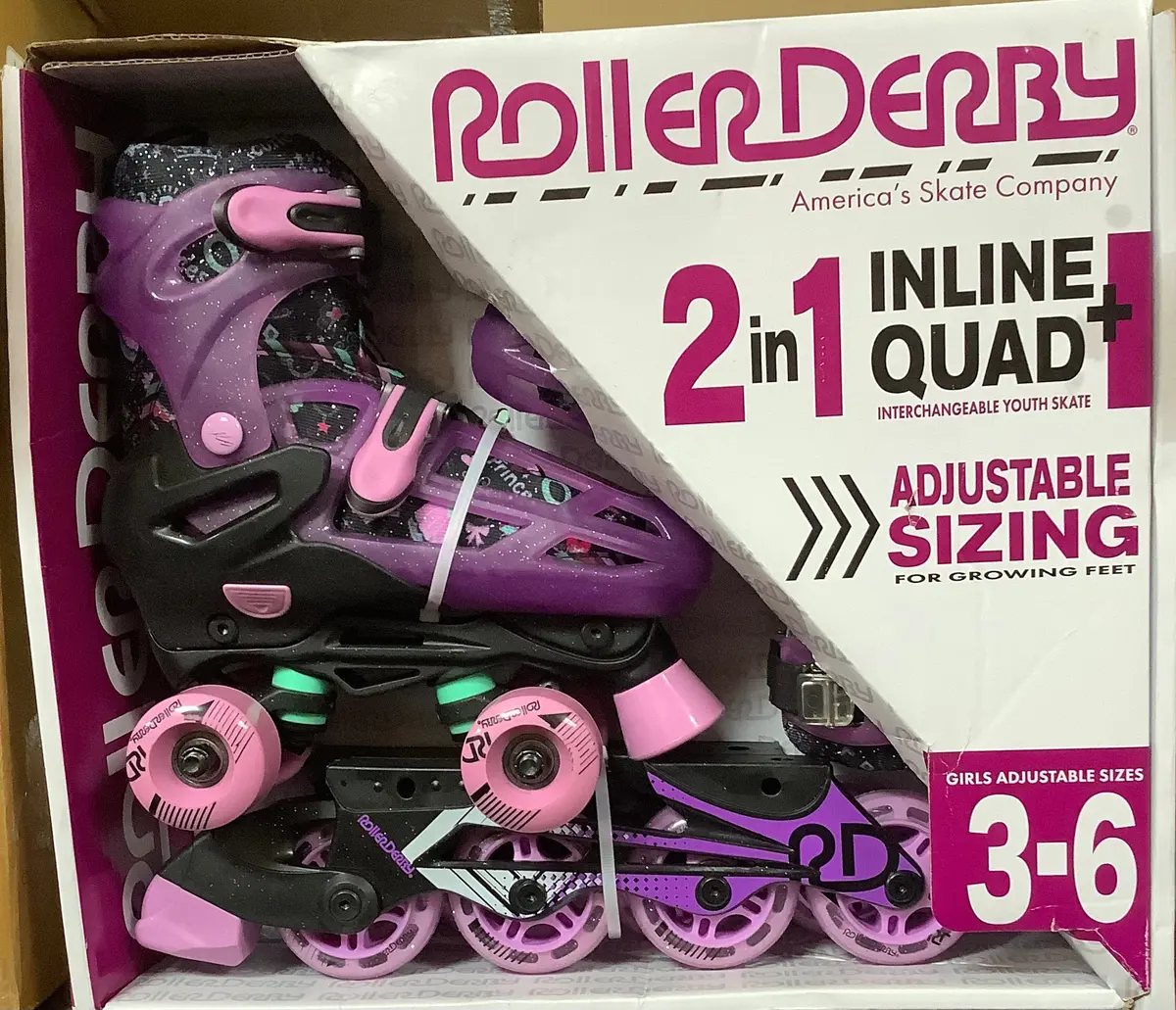 Girl Size 3-6 Roller Derby Lomond Kids' Adjustable Inline-Quad Combo Skates 1