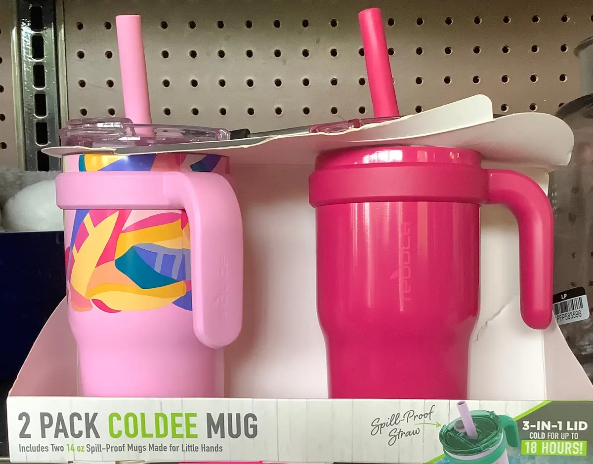 Reduce 14Oz 2Pk Coldee Kids Mugs With Spill-Proof Straw Paradise Pink And Poppy Pink 1