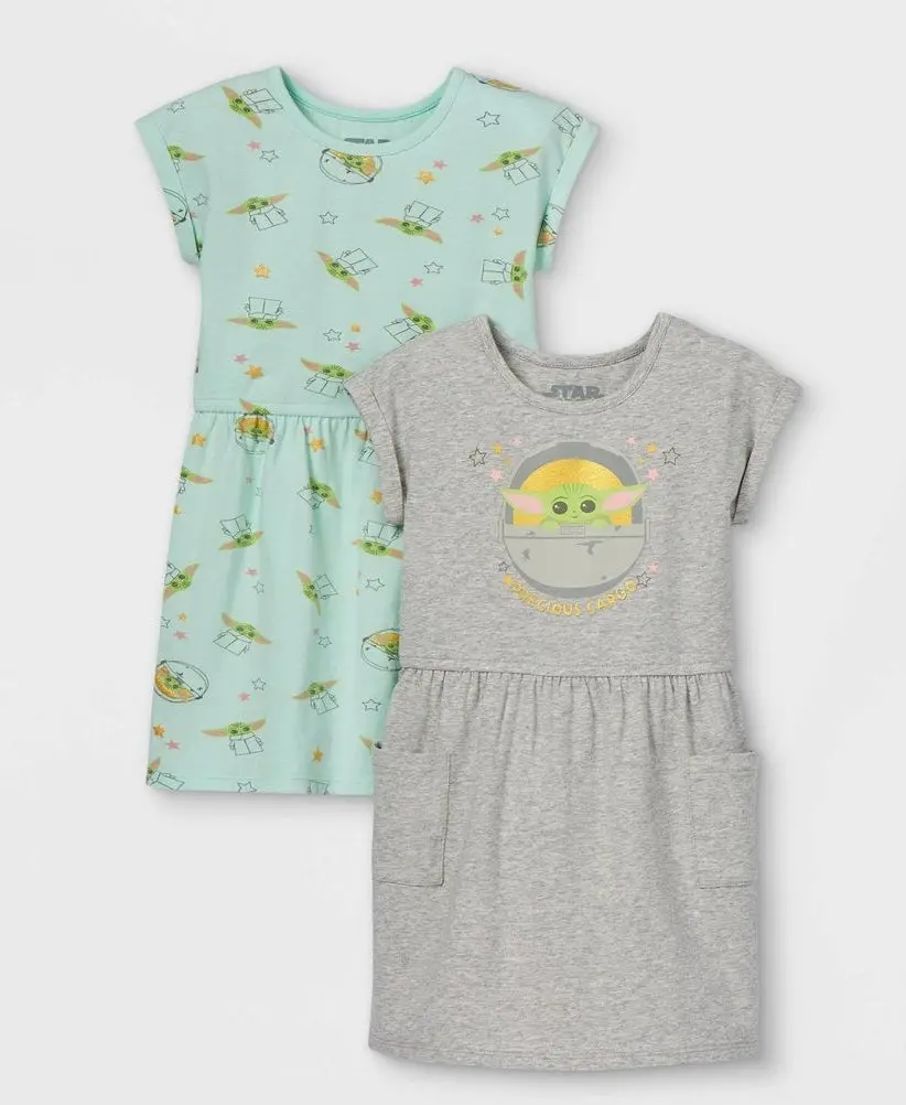 Toddler Girls' 2Pc Star Wars Baby Yoda Knit Short Sleeve
Dress - Heather Gray 2T 1