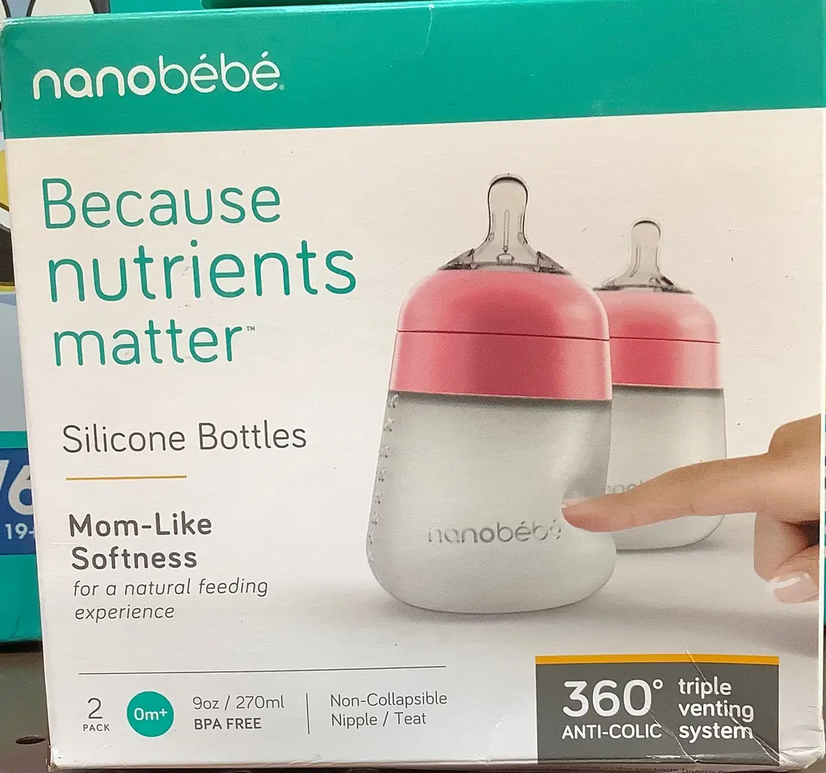 Nanobebe 2Pk Silicone Baby Bottle - Pink - 9Oz/2Pk 1