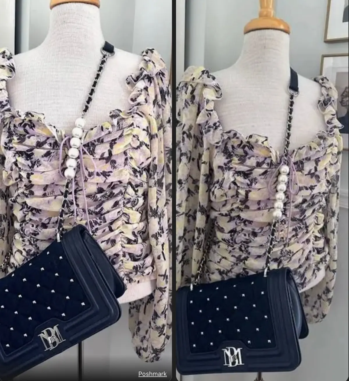 Badgley Mischka Bags | Nwt Badgley Mischka Denim Diamond Quilted Crossbody With White Pearls 1