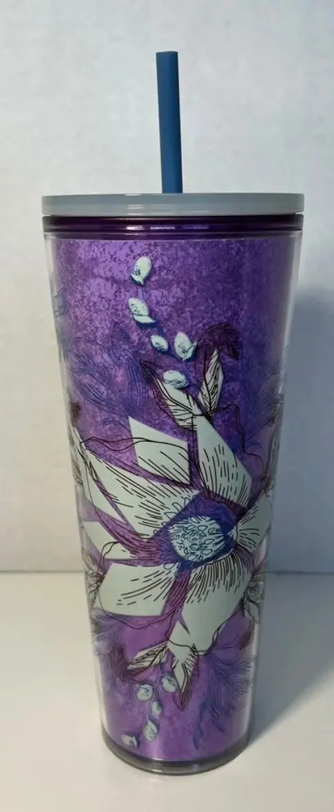 Starbucks 24Oz Valentines Purple Winter Blossom Floral Tumbler W/ Straw 1
