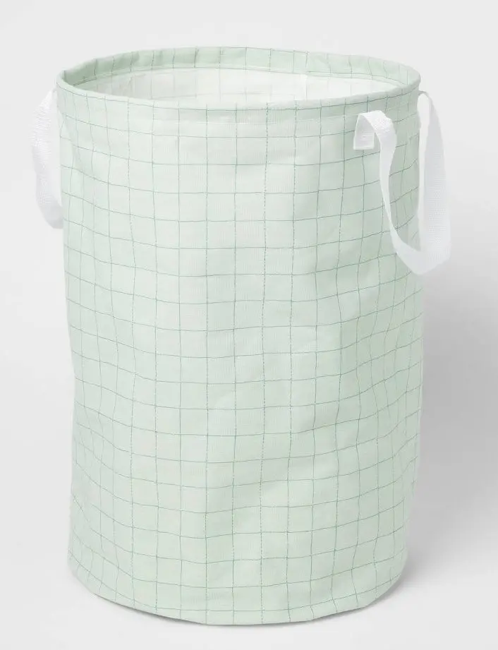 Scrunchable Round Laundry Hamper Green Stitch Grid 1