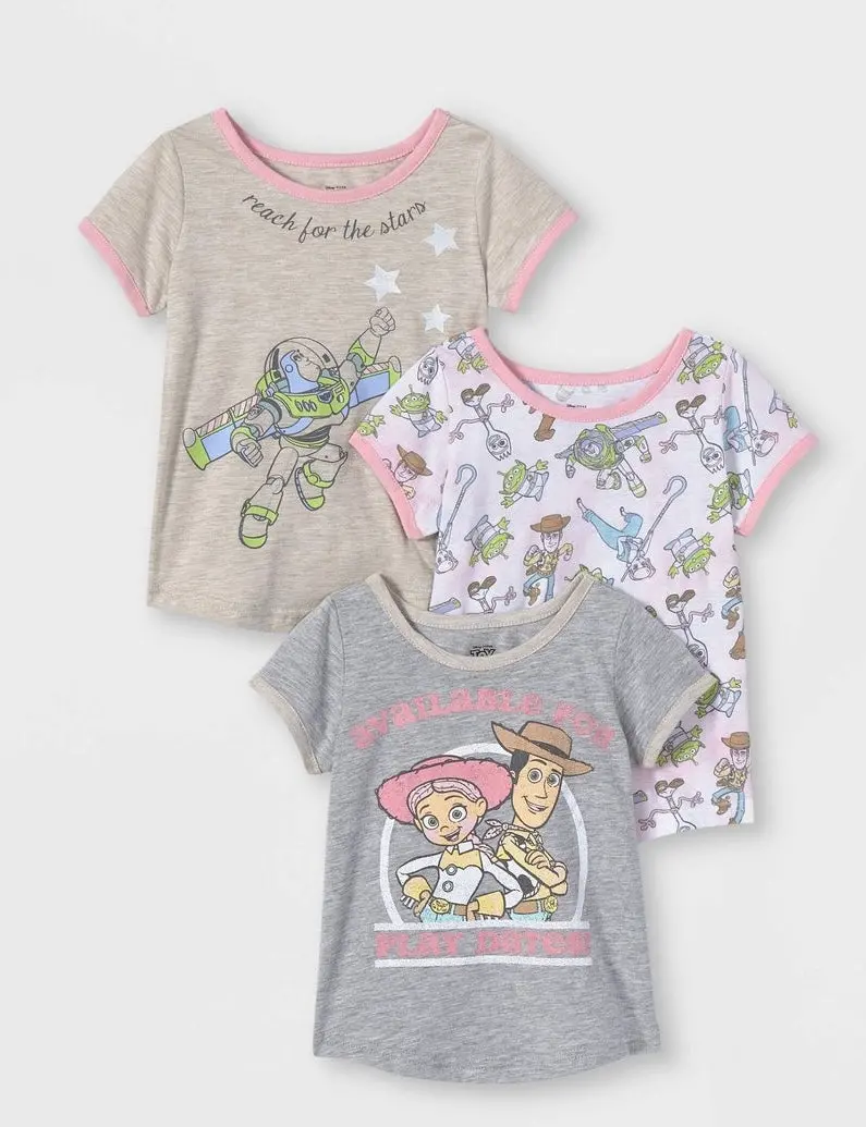 Toddler Girls' 3Pk Short Sleeve Toy Story T-Shirt - Pink 12M 1