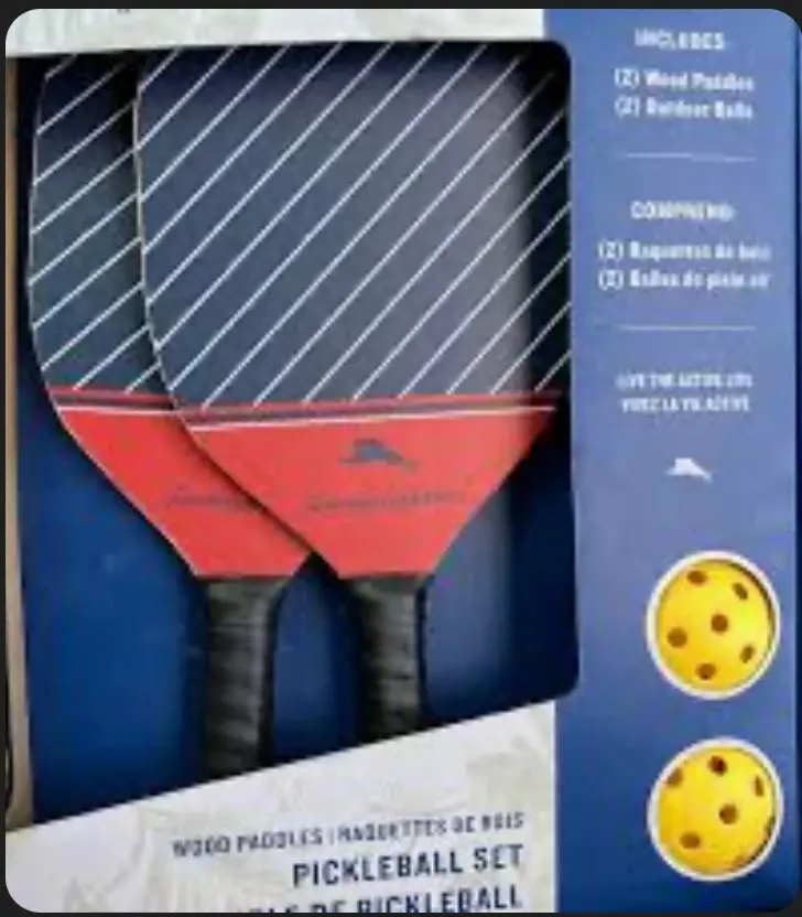 New Tommy Bahama 4 Pc Pickleball Set 2-Red Blue Wood Paddles 2-Yellow Game
Balls 3