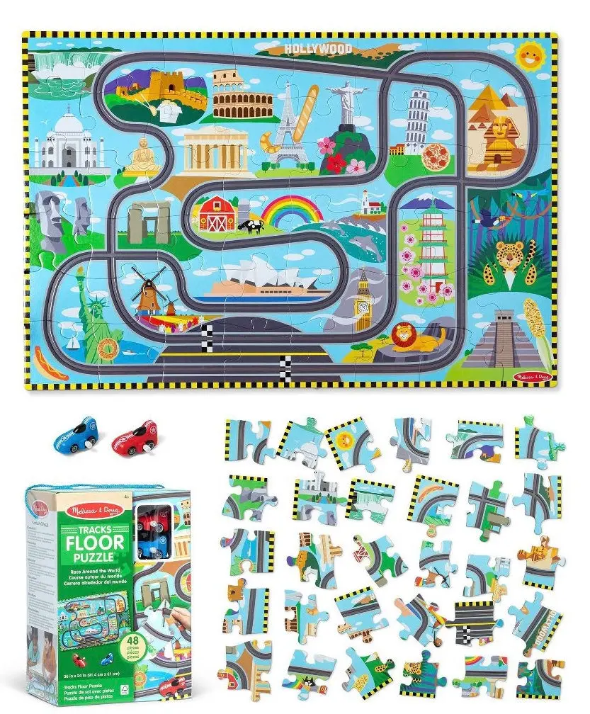 Melissa & Doug Race Around The World Tracks Cardboard
Jigsaw Floor Puzzle And Wind-Up Vehicles - 48Pc 1