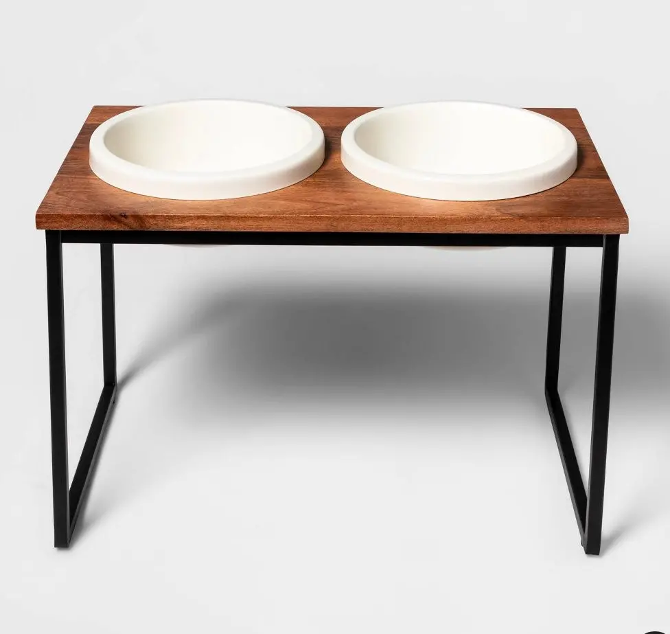 Modern Tall Metal Elevated Dog Bowl With Natural Wood Top - Black 1