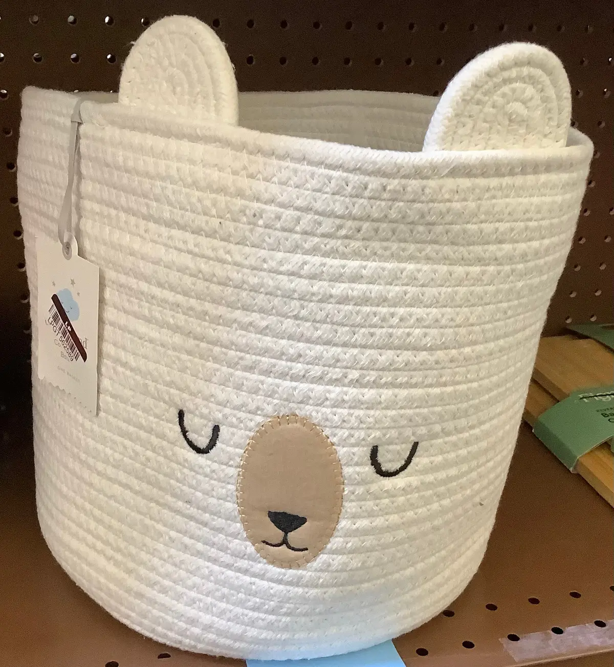 Medium Coiled Rope Round Basket Sleepy Bear - Cream 1