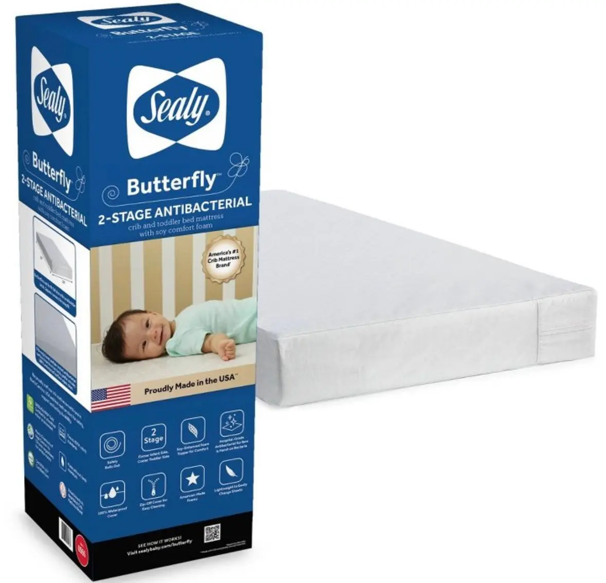 Sealy Butterfly Antibacterial 2-Stage
Foam Crib And Toddler Mattress 1