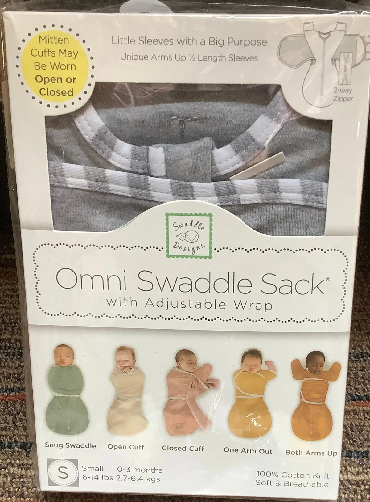 Omni Swaddle Wrap & Arms Up Sleeves & Mitten Cuffs - Heathered Gray With Stripe Trim 0-3 Months 1