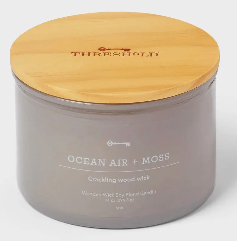 14Oz Lidded Gray Glass Jar Crackling Wooden 3-Wick Candle With Clear Label Ocean Air + Moss 1