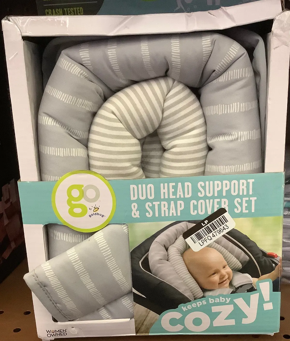 Go By Goldbug Duo Head Support And Strap Cover Set - For Car Seat Stroller Bouncer - Gray Ticking Stripe - 2Pc 1