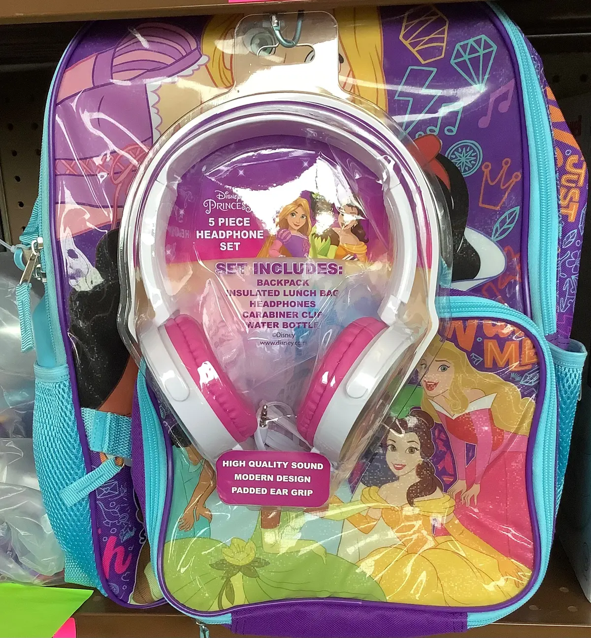 Disney Accessories | Disney Princess Kids' 16" Backpack Set With Headphone, Water Bottle ,Lunch Box | Color: Pink/Purple 1