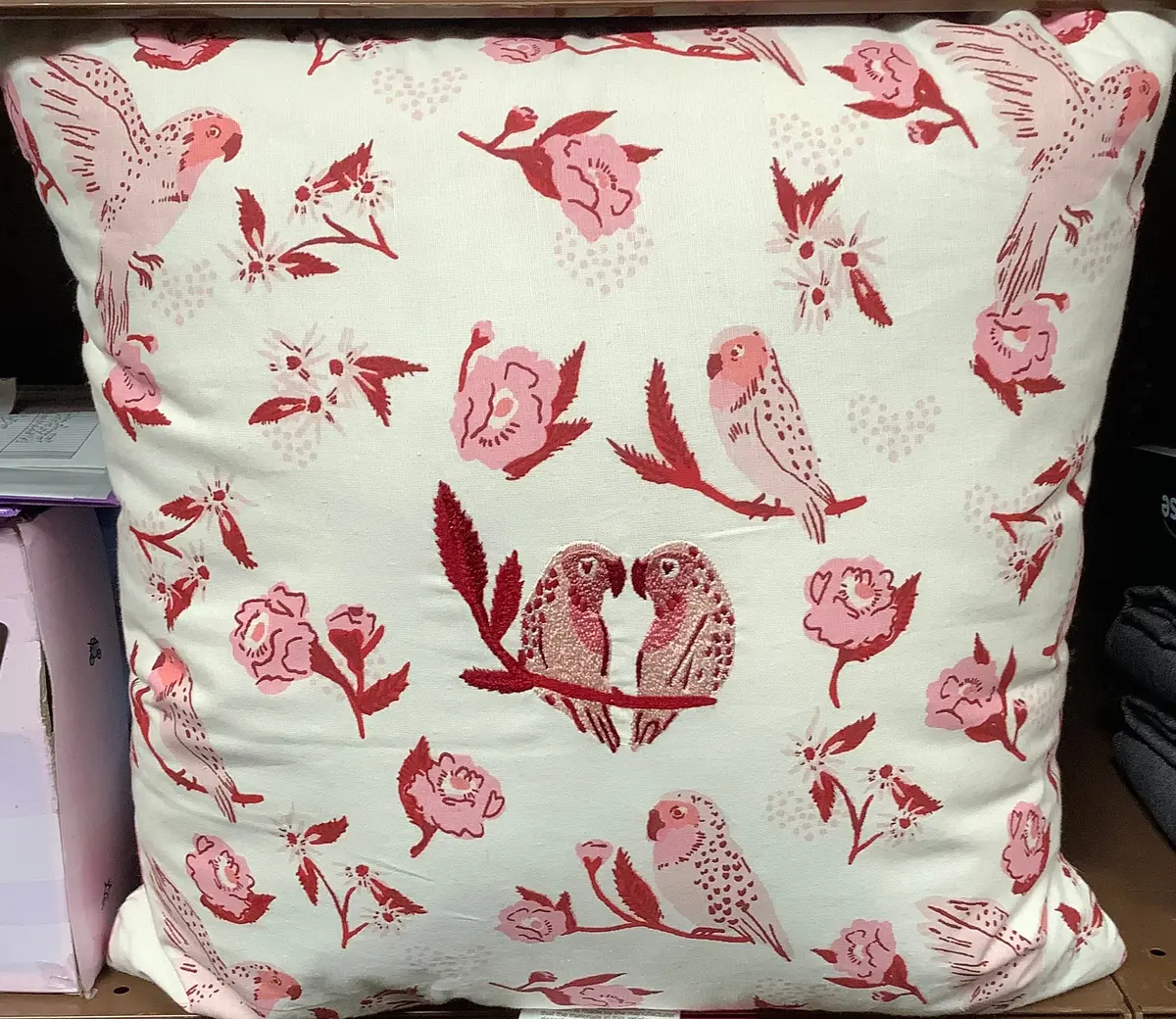 Love Birds Toss Pillow Red Pink Square 1