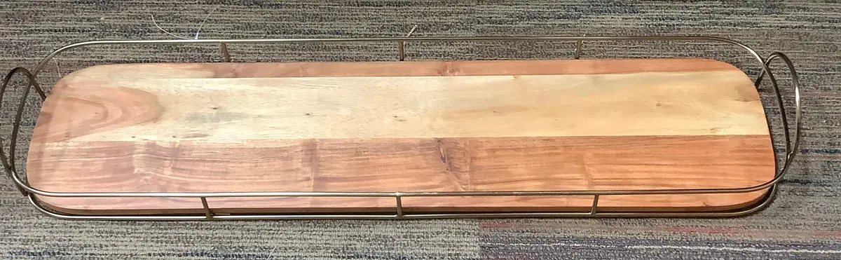 32" Wooden Decorative Tray With Metal Trim Brown/Brass 1