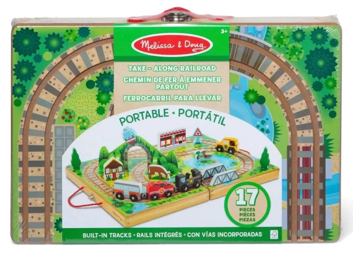 Melissa & Doug 17 Piece Wooden Take Along Tabletop Railroad 3 Trains Truck 1