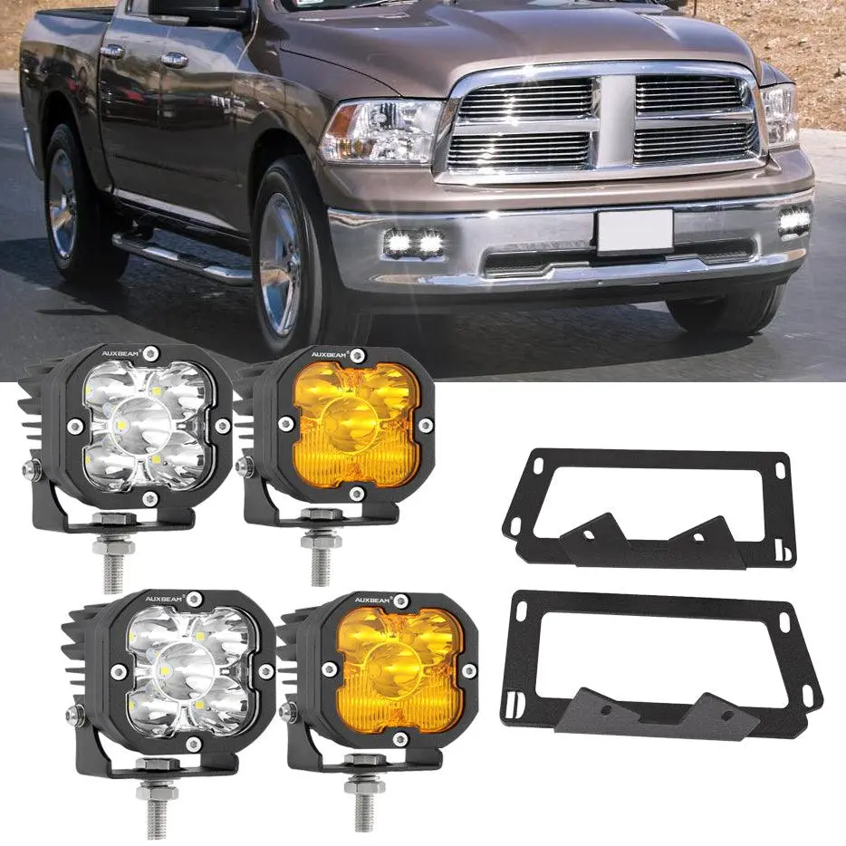 3 Inch Led Pods Lights With Additional Amber Covers & Dual Fog Lights Hidden Bumper Mount Bracket For Dodge Ram 2500 3500 2010-2017 1