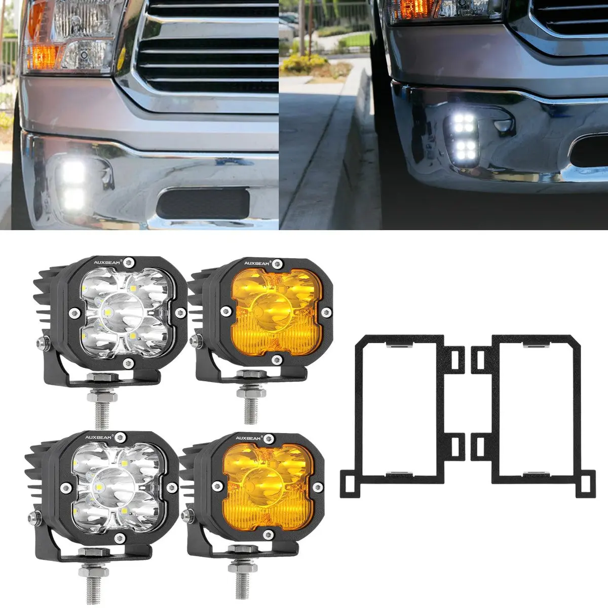 3 Inch Led Pods Lights With Additional Amber Covers & Fog Lamp Mounting Brackets (Vertical Fog Lamp) For Dodge Ram 1500 2013-2018 1