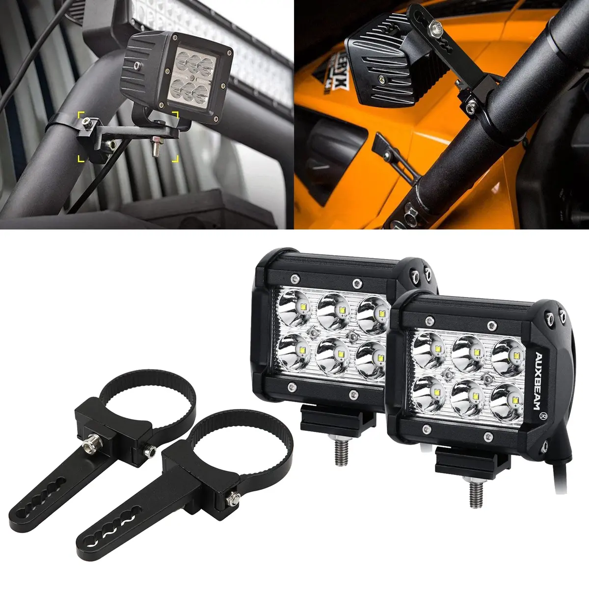 4 Inch Classic-Sm Series Dual Row Led Pod Lights Flood Beam & 2.5 Inch Bull Bar Roll Cage Clamps Mounting Brackets Combo For Jeep Off-Road Suv Atv Utv Trucks 1