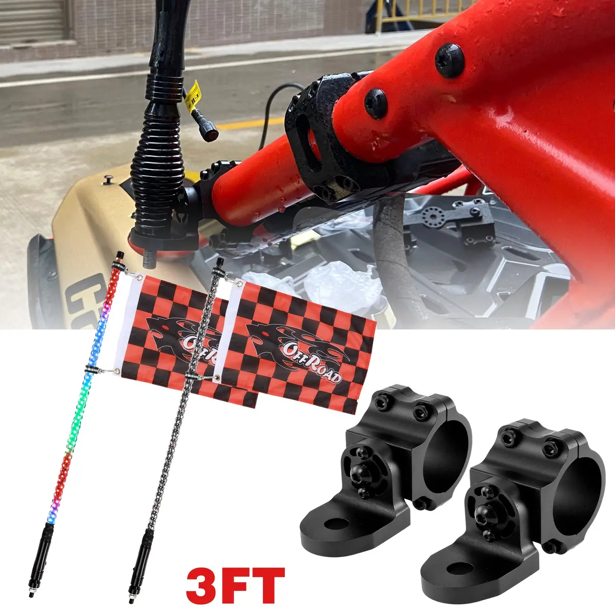 3Ft/4Ft Led Rgb Whip Lights With Bluetooth/ Remote Controlled & Black Universal Flagpole Light Mount For All Utvs With 1.75" To 2" Roll Cage 1