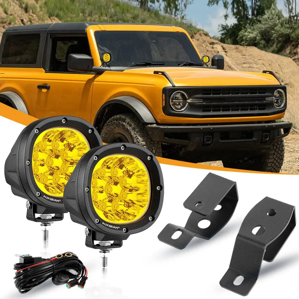 4 Inch 90W Round Led Driving Lights Spot Yellow With A-Pillar Mounting Bracket For Ford Bronco 2/4 Door 2021 2022 1