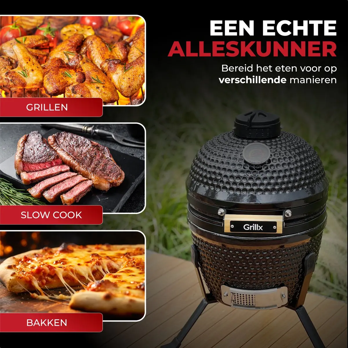 Grillx Kamado Bbq - 13 Inch - Inclusief Opberghoes - Barbecue Egg - Houtskool Barbecue - Zwart - Ø 27 Cm 2