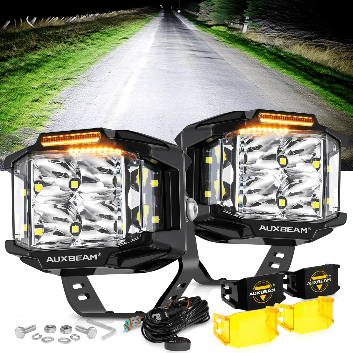 V-Max Series | 4 Inch 92W 8960Lm Spot Beam Side Shooter Led Square Pod Lights With Amber Drl 2