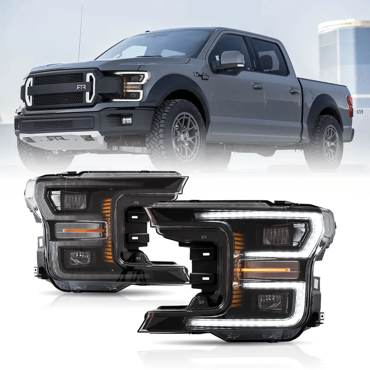 Led Headlight Assembly Dual Beam Projector With Start-Up Animation Black/Chrome For 2018-2020 Ford F150 13Th Gen 1