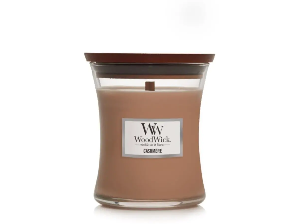 Woodwick Geurkaars Medium Cashmere - 11 Cm / Ø 10 Cm - Geurkaars In Glas - Houten Lont 1