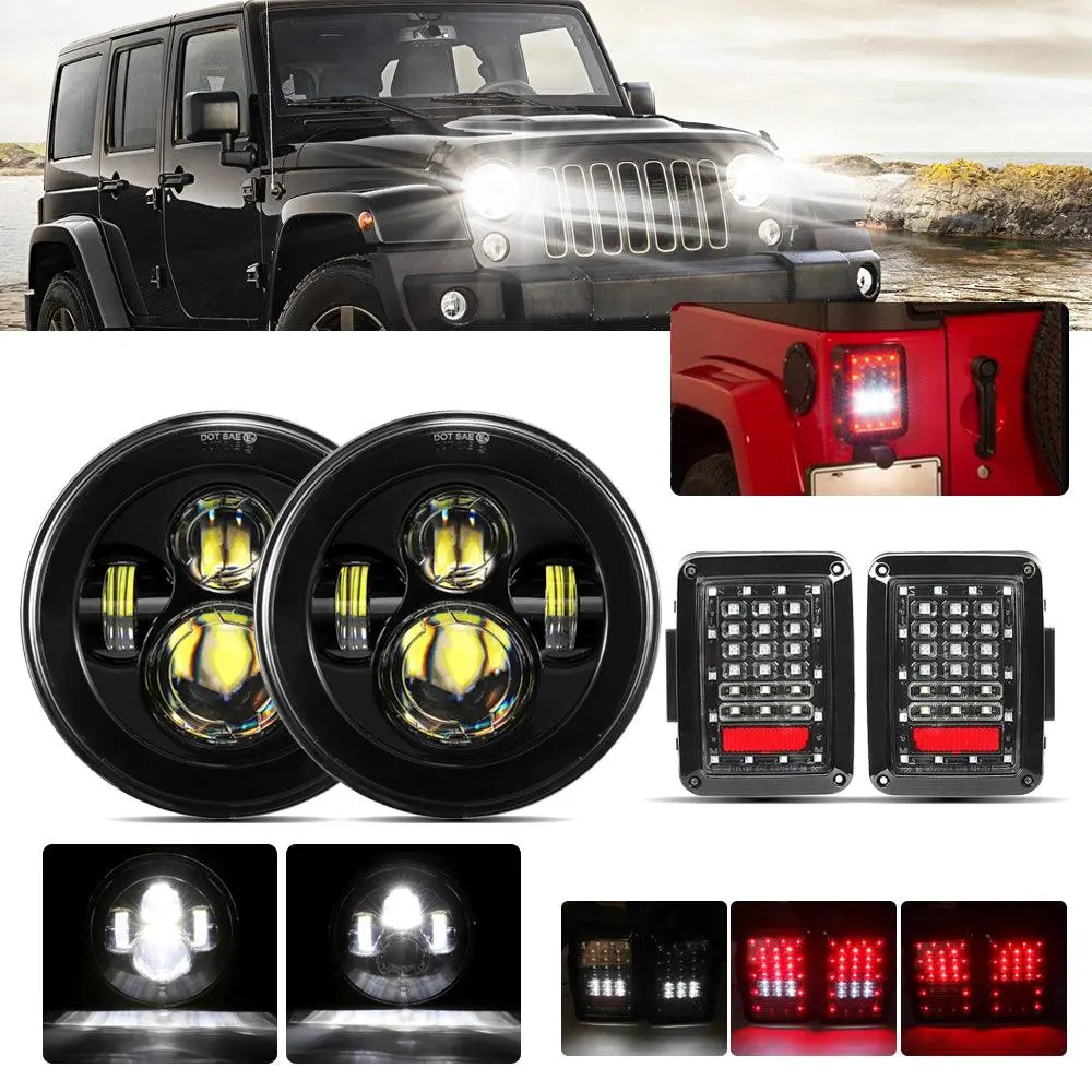 7'' Led Headlight Replacement & Led Smoke Tail Light Brake Reverse Turn Signal Lamp For Jeep Wrangler Jk 1